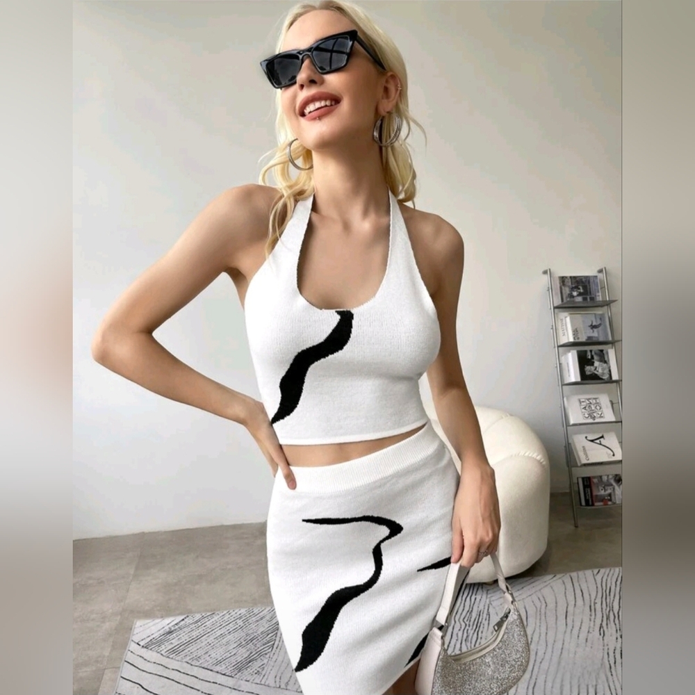 White and Black Skirt Set